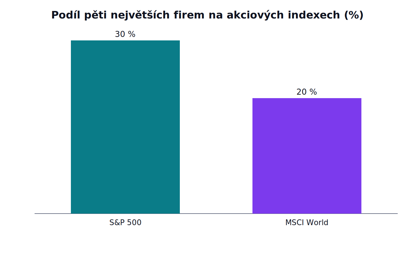 Podíl pěti největších firem na akciových indexech: S&P 500 30 %, MSCI World 20 %